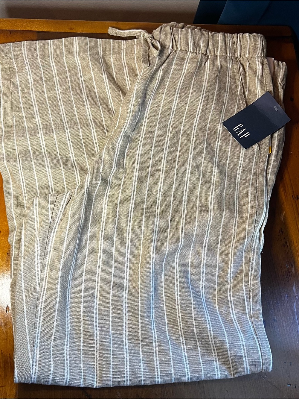 New Gap Women Tan White Striped Pull-On Linen Wide Leg Pants Drawstring Medium